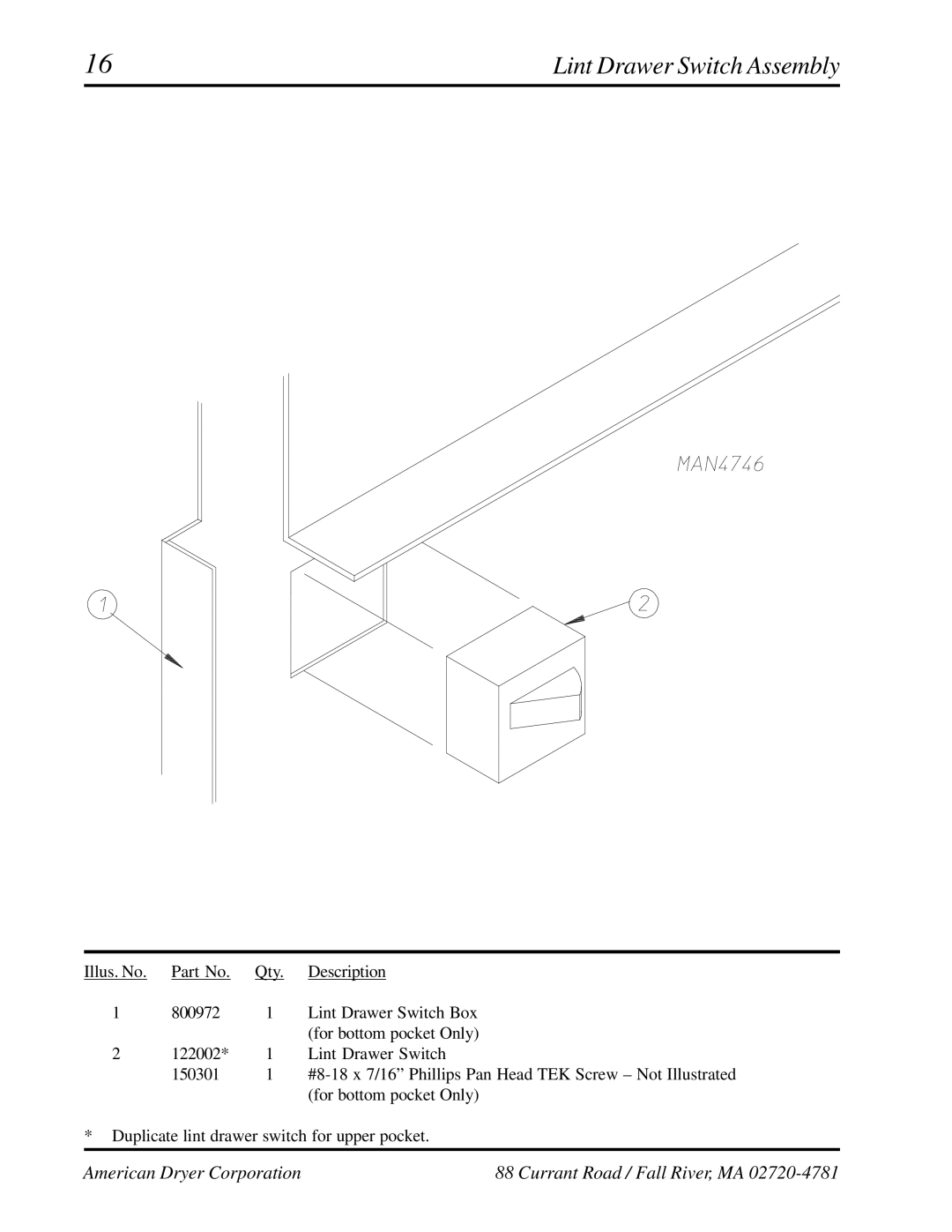 American Dryer Corp AD-236 manual Lint Drawer Switch Assembly 