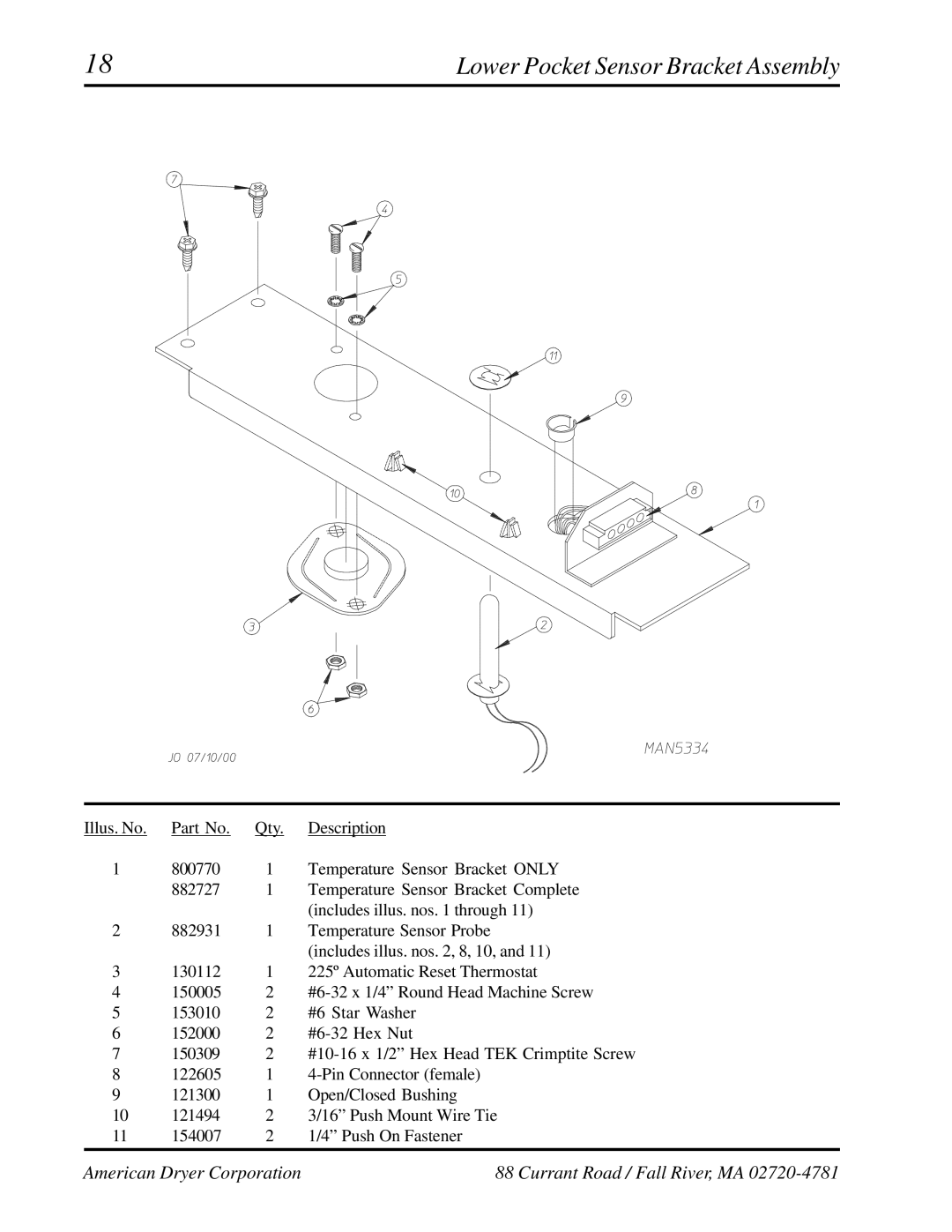 American Dryer Corp AD-236 manual Lower Pocket Sensor Bracket Assembly 