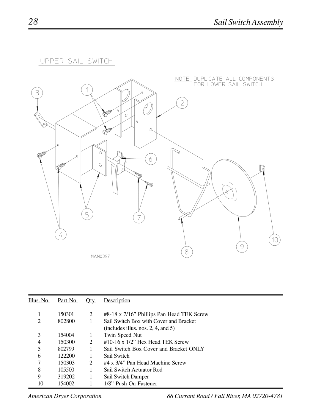 American Dryer Corp AD-236 manual Sail Switch Assembly 