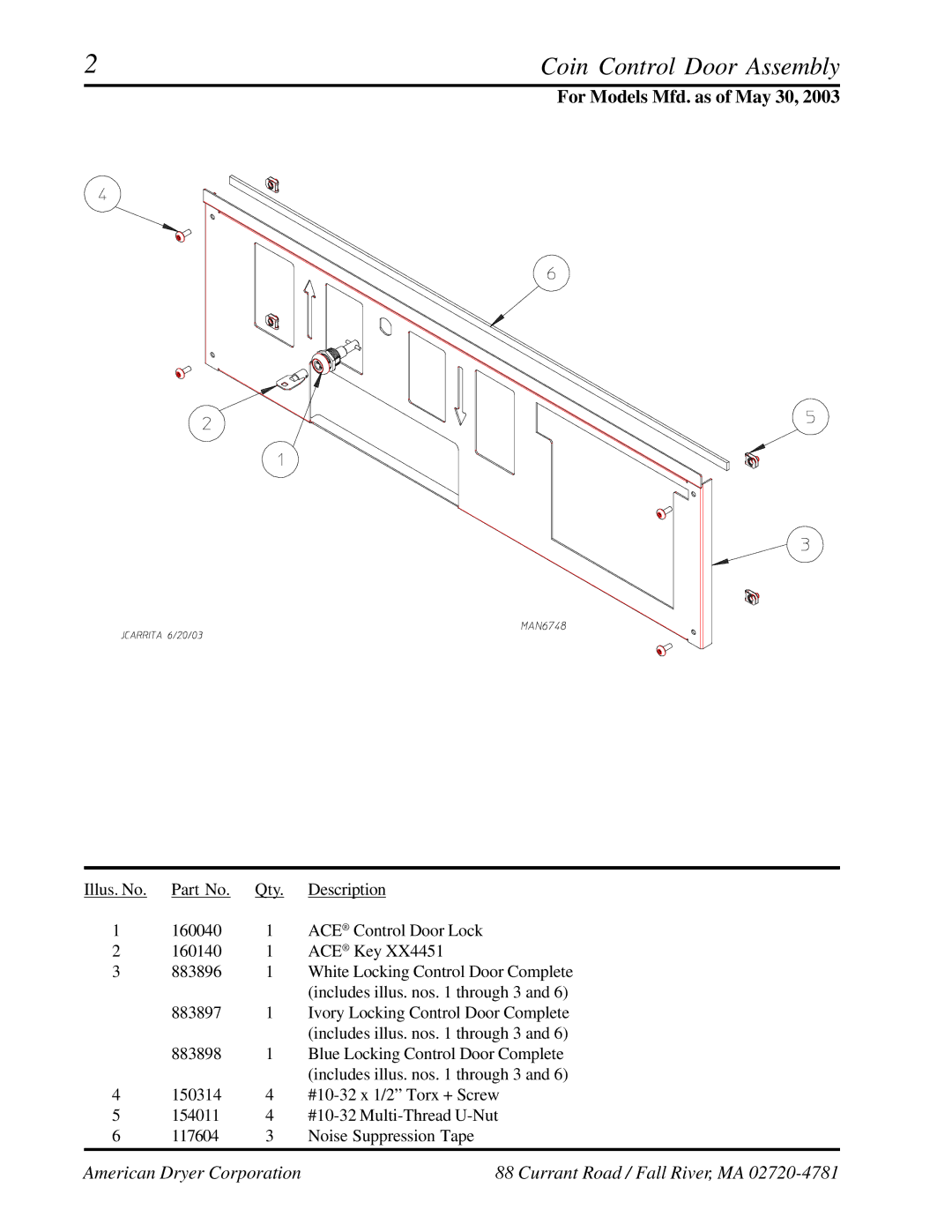 American Dryer Corp AD-236 manual Coin Control Door Assembly 