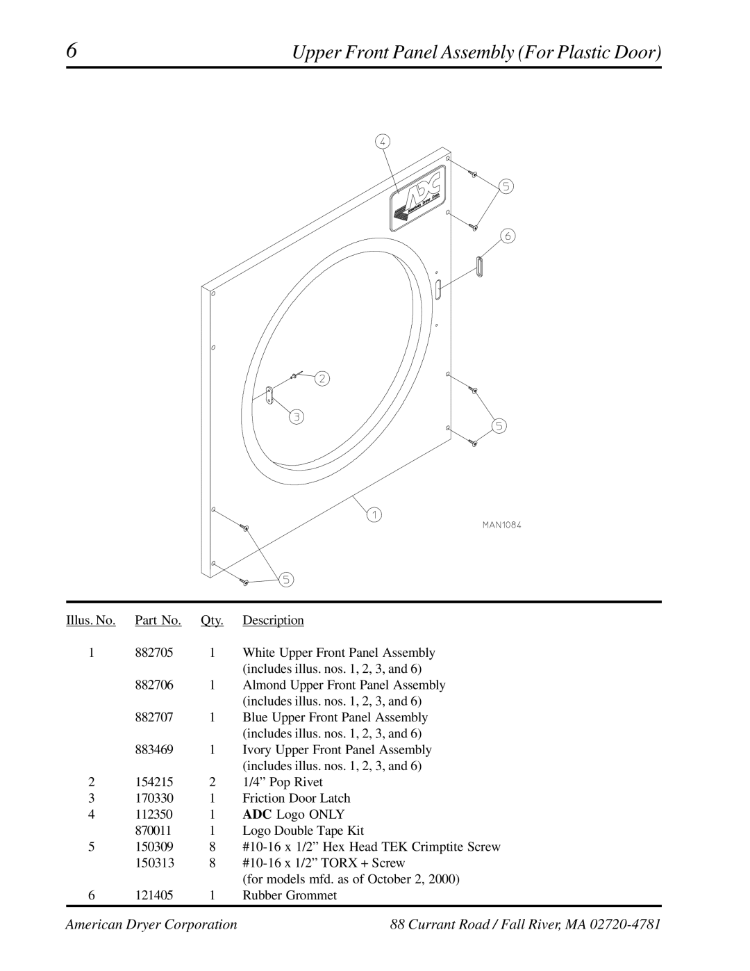 American Dryer Corp AD-236 manual Upper Front Panel Assembly For Plastic Door 