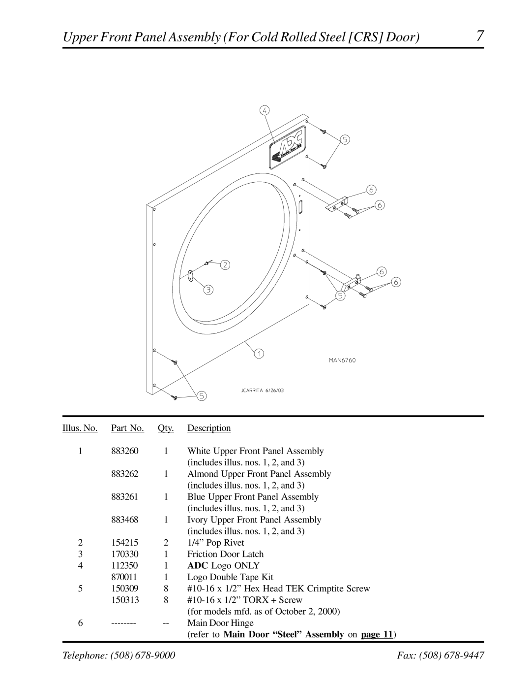 American Dryer Corp AD-236 manual Upper Front Panel Assembly For Cold Rolled Steel CRS Door 