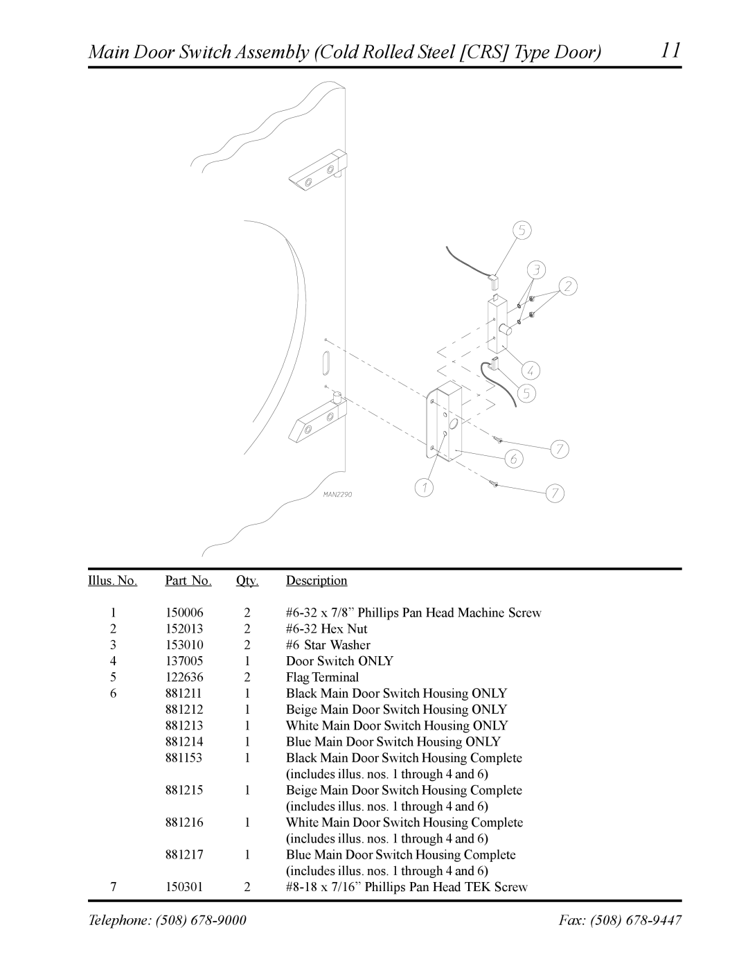 American Dryer Corp AD-24 II manual Main Door Switch Assembly Cold Rolled Steel CRS Type Door 