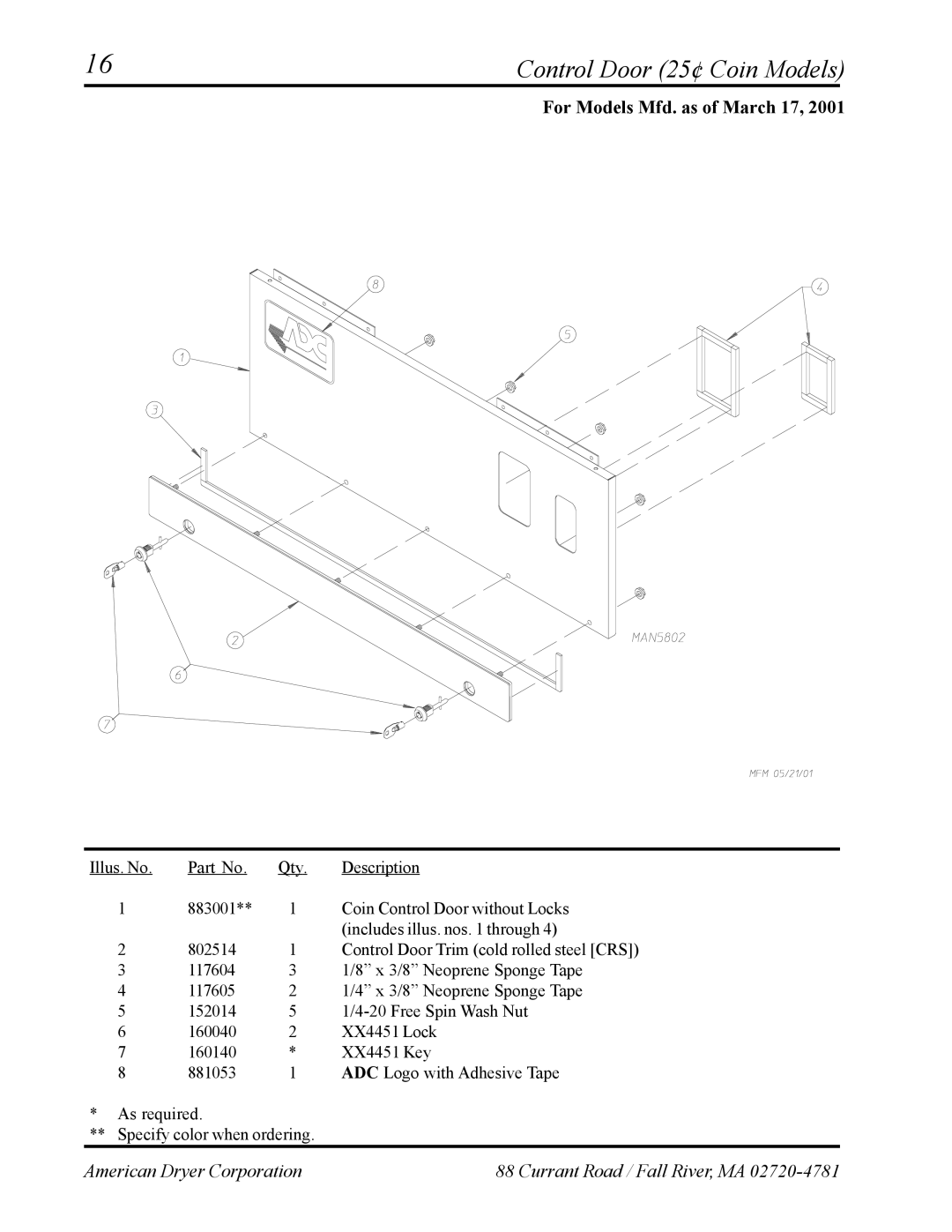 American Dryer Corp AD-24 II manual Control Door 25¢ Coin Models, For Models Mfd. as of March 17 