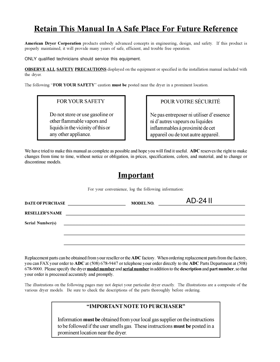 American Dryer Corp AD-24 II manual Retain This Manual In a Safe Place For Future Reference 