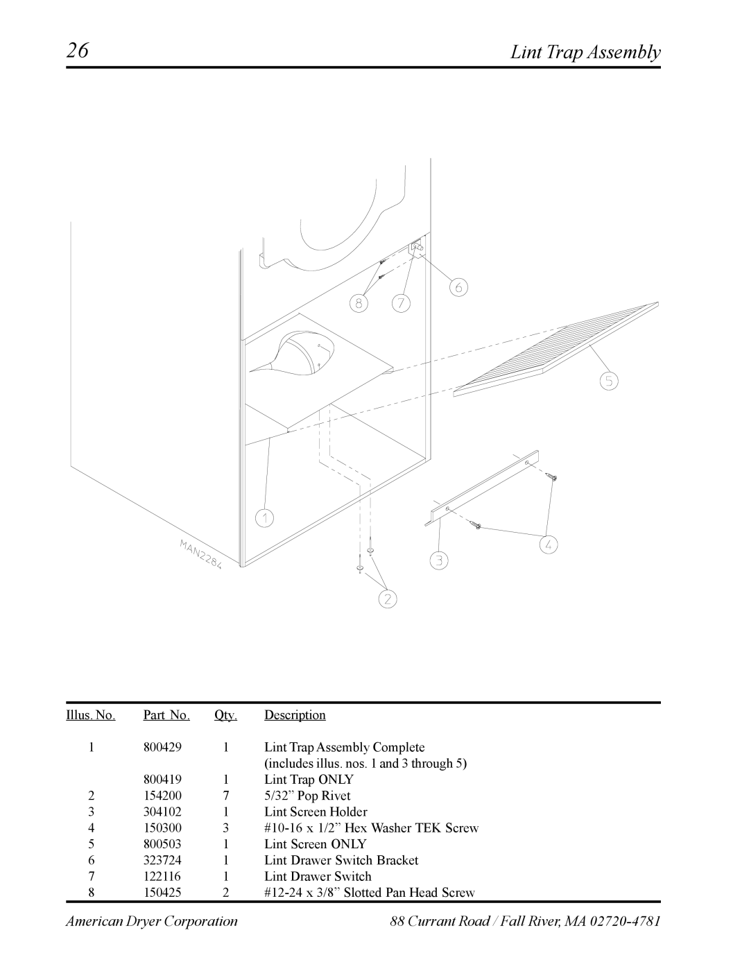 American Dryer Corp AD-24 II manual Lint Trap Assembly 