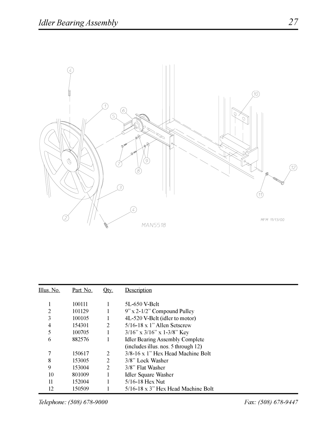 American Dryer Corp AD-24 II manual Idler Bearing Assembly 