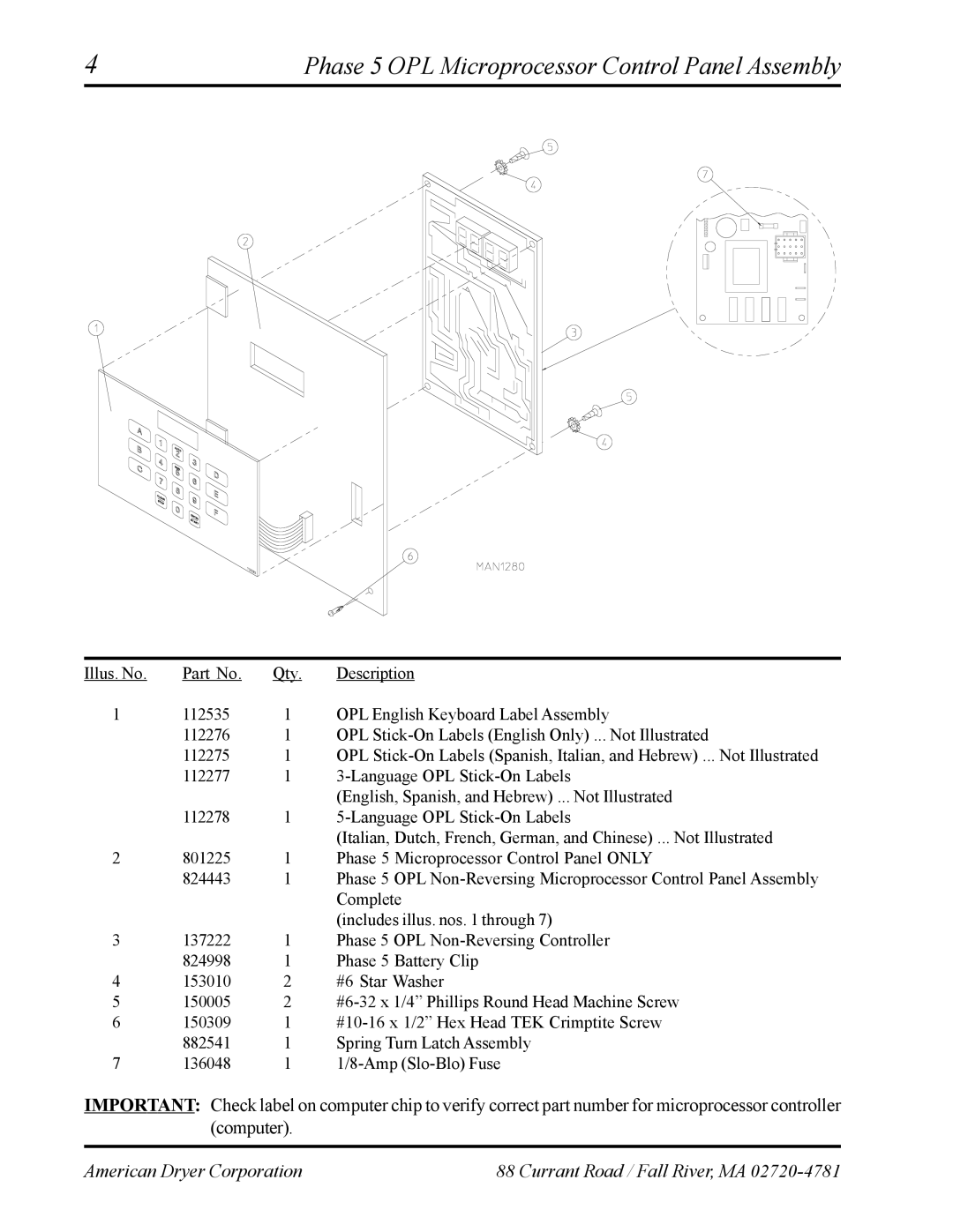 American Dryer Corp AD-24 II manual Phase 5 OPL Microprocessor Control Panel Assembly 