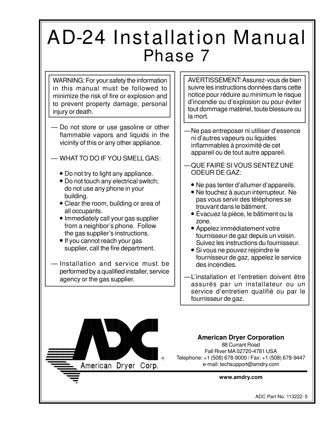 American Dryer Corp AD-24 Phase 7 installation manual AD-24 Installation Manual 