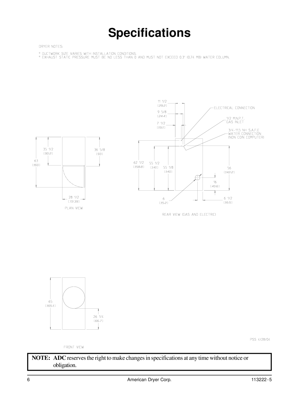 American Dryer Corp AD-24 Phase 7 installation manual Specifications 