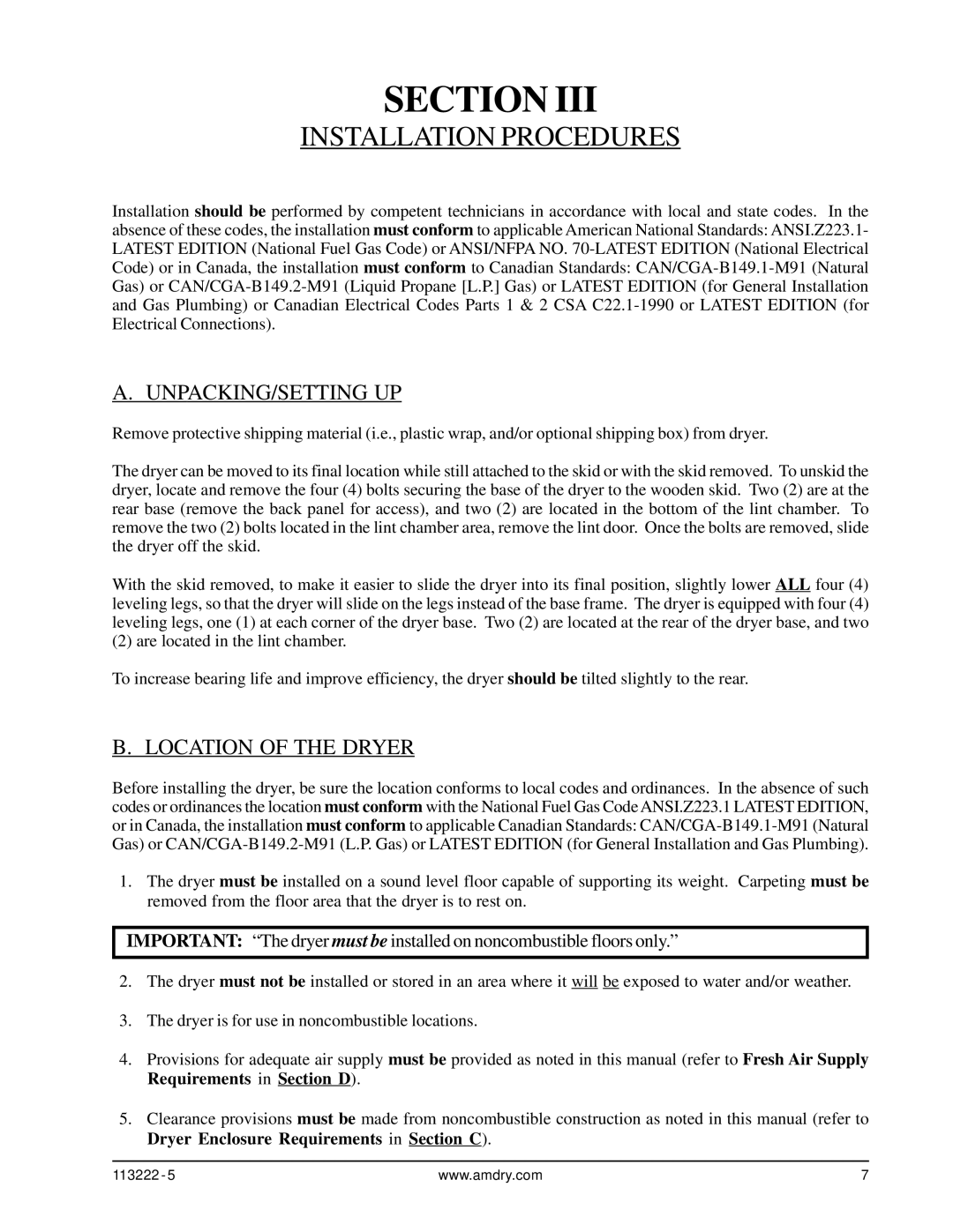 American Dryer Corp AD-24 Phase 7 installation manual Installation Procedures, Unpacking/Setting Up, Location of the Dryer 