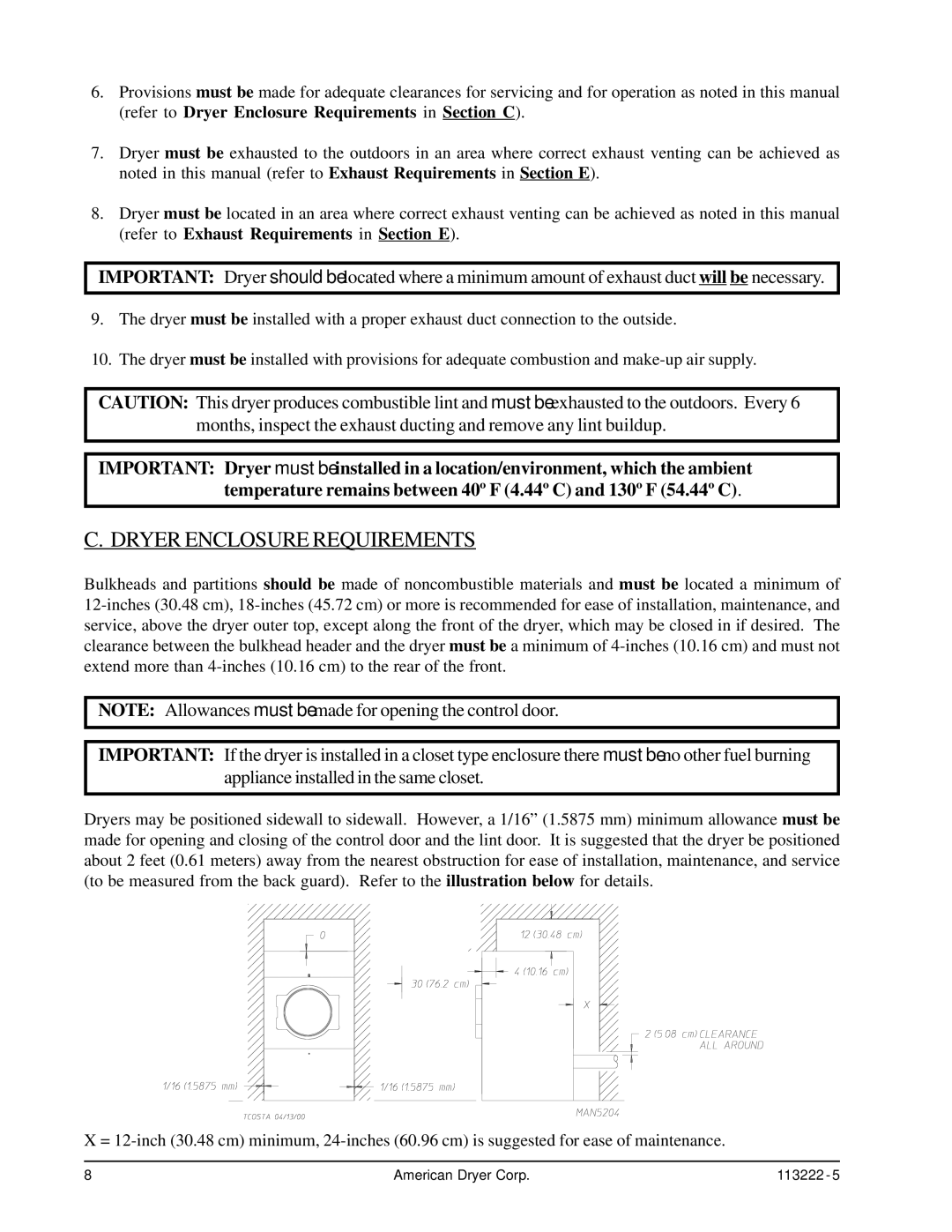 American Dryer Corp AD-24 Phase 7 installation manual Dryer Enclosure Requirements 