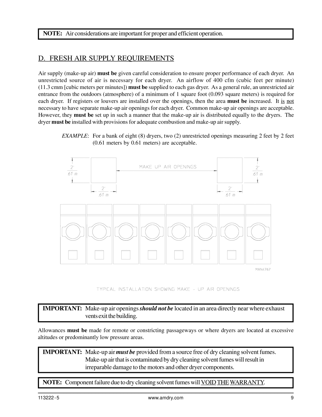 American Dryer Corp AD-24 Phase 7 installation manual Fresh AIR Supply Requirements 