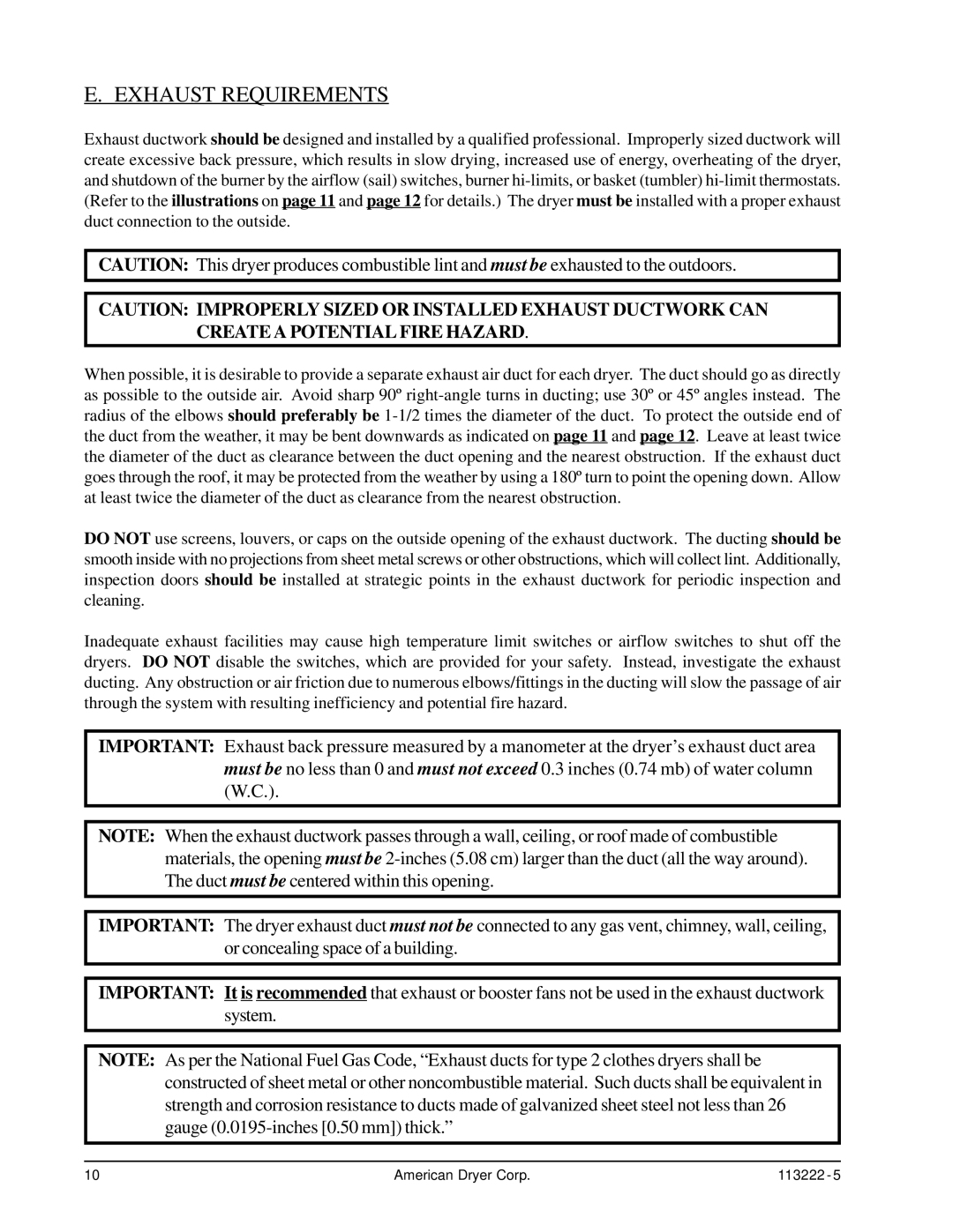 American Dryer Corp AD-24 Phase 7 installation manual Exhaust Requirements 