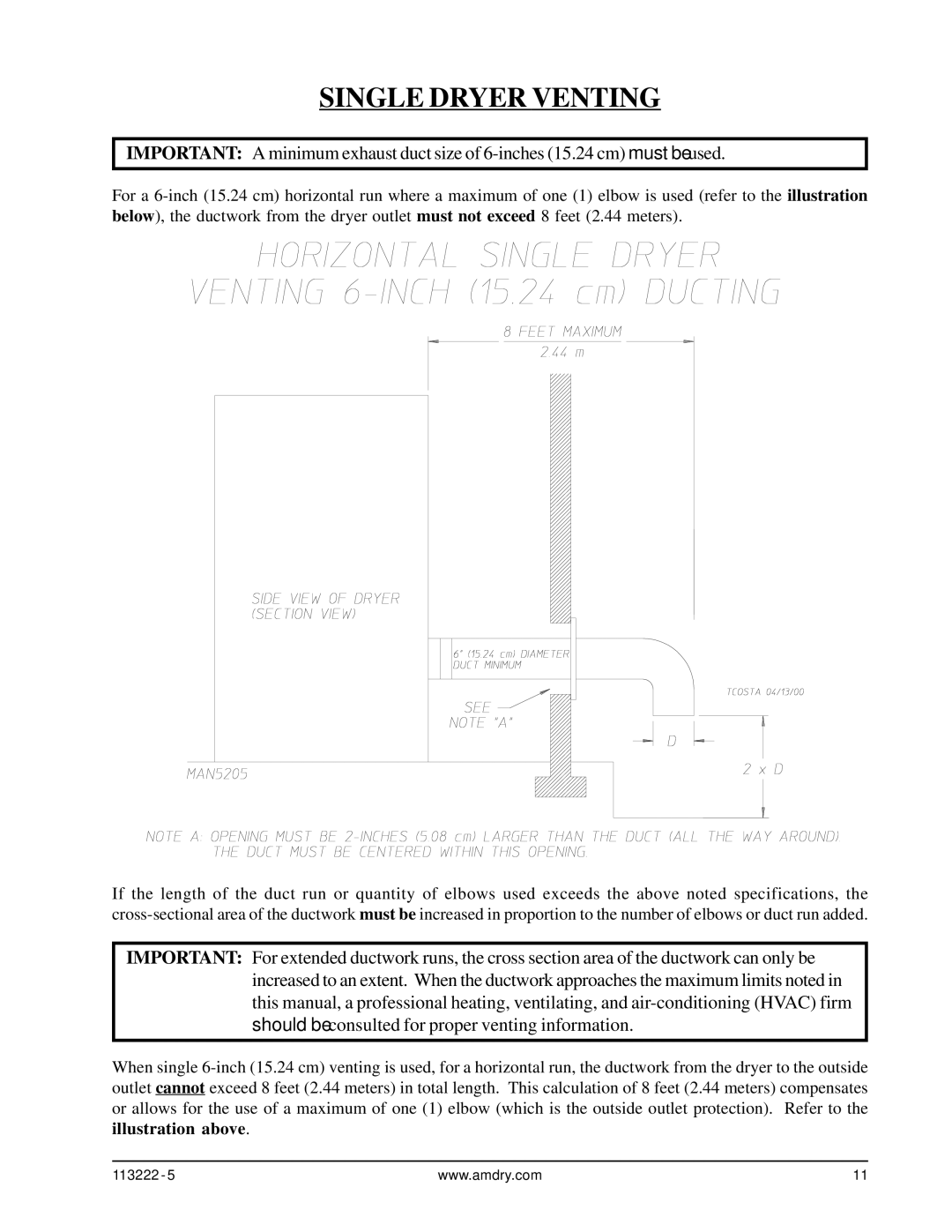 American Dryer Corp AD-24 Phase 7 installation manual Single Dryer Venting 