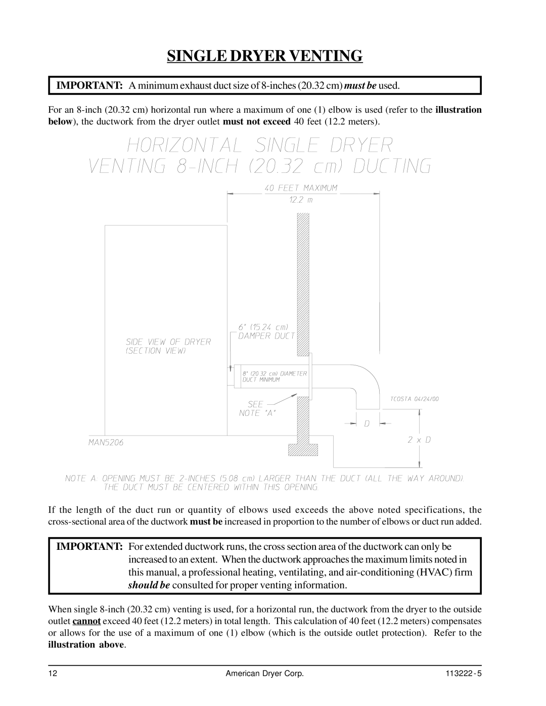 American Dryer Corp AD-24 Phase 7 installation manual Single Dryer Venting 