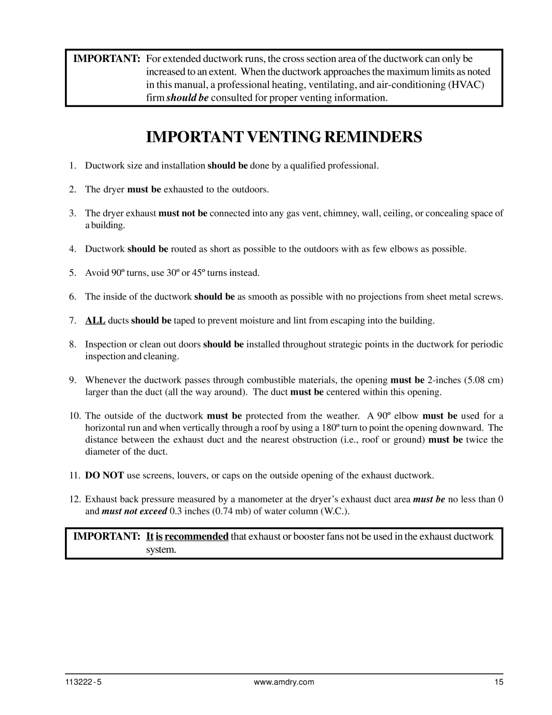 American Dryer Corp AD-24 Phase 7 installation manual Important Venting Reminders 