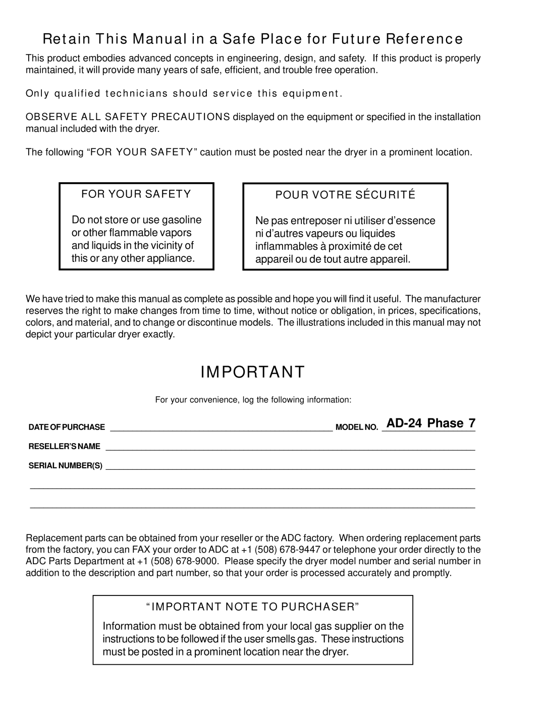 American Dryer Corp AD-24 Phase 7 installation manual Retain This Manual in a Safe Place for Future Reference 