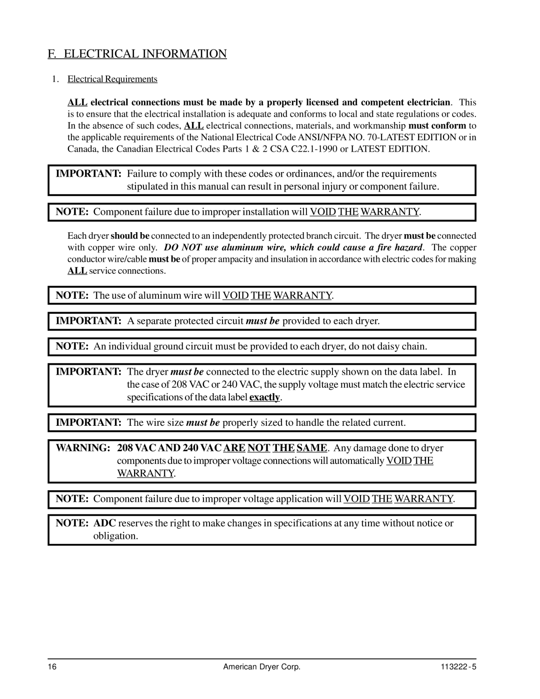 American Dryer Corp AD-24 Phase 7 installation manual Electrical Information, Electrical Requirements 