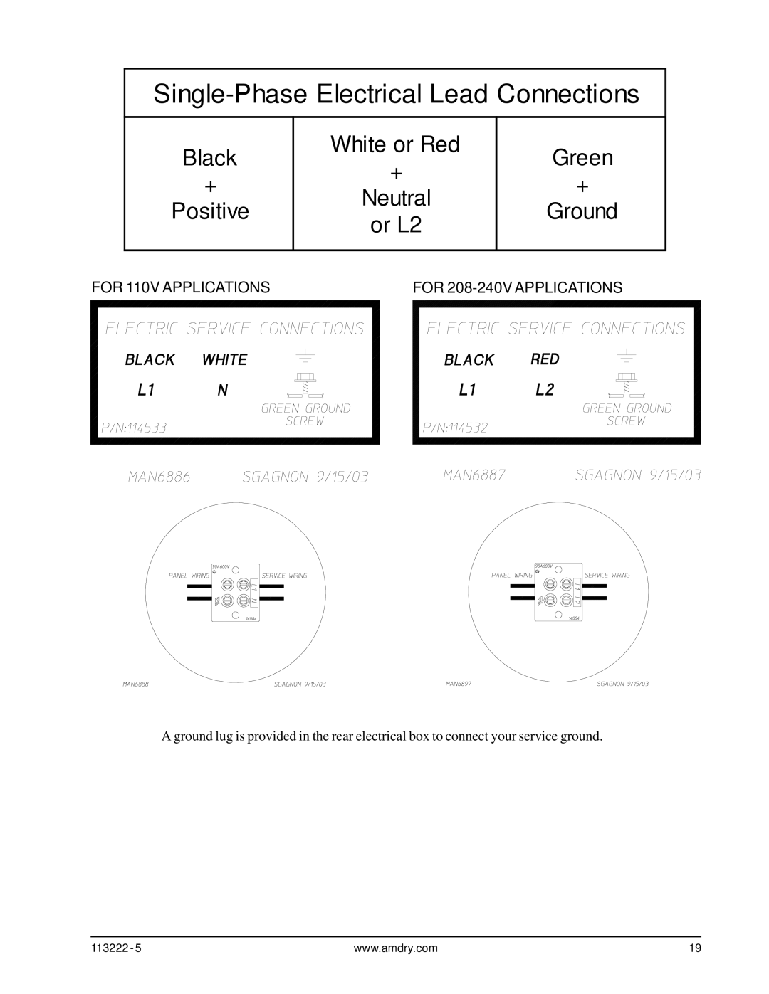 American Dryer Corp AD-24 Phase 7 installation manual Single-Phase Electrical Lead Connections 