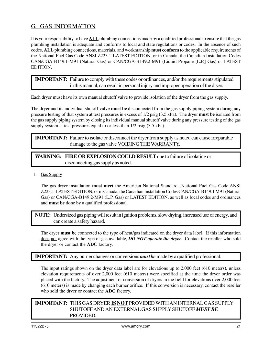 American Dryer Corp AD-24 Phase 7 installation manual GAS Information 