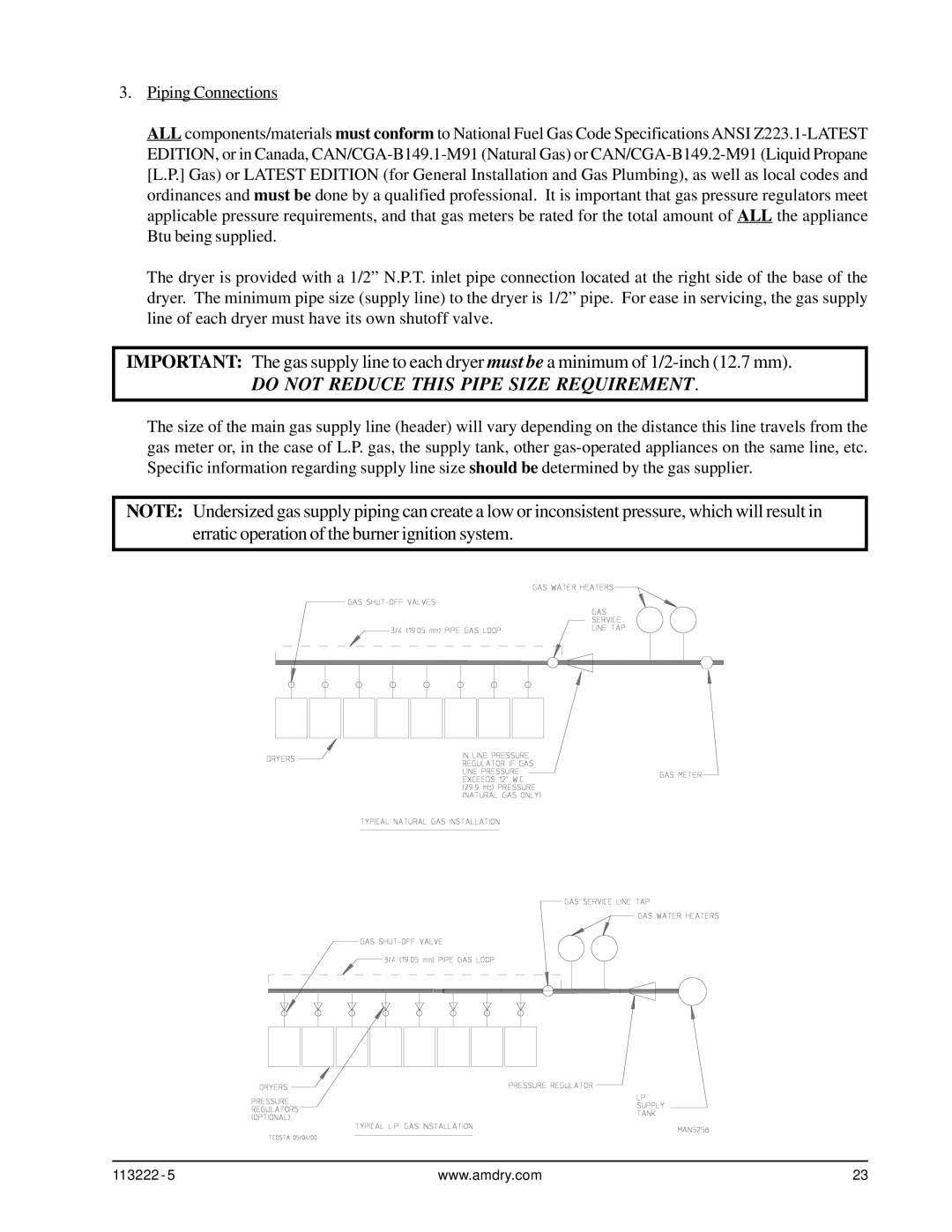 American Dryer Corp AD-24 Phase 7 installation manual Do not Reduce this Pipe Size Requirement 