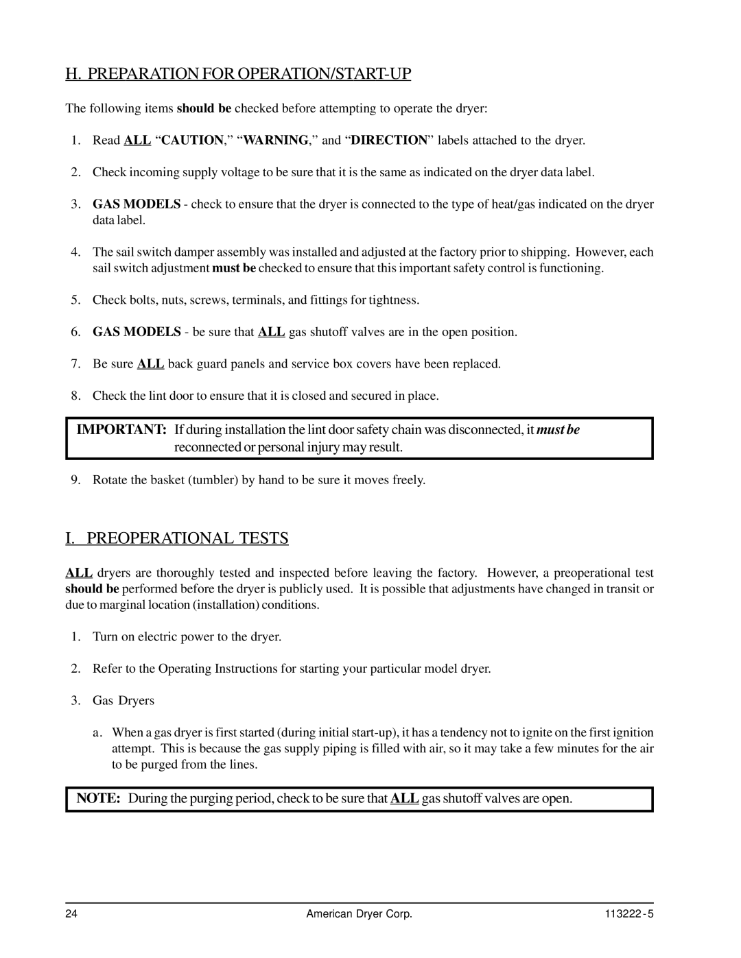 American Dryer Corp AD-24 Phase 7 installation manual Preparation for OPERATION/START-UP, Preoperational Tests 