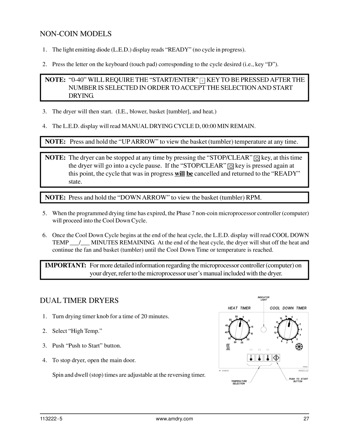 American Dryer Corp AD-24 Phase 7 installation manual NON-COIN Models, Dual Timer Dryers 