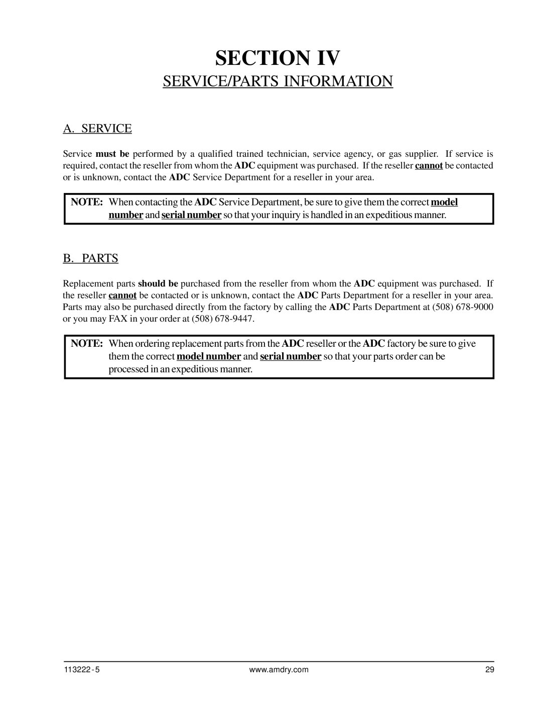 American Dryer Corp AD-24 Phase 7 installation manual SERVICE/PARTS Information, Service, Parts 