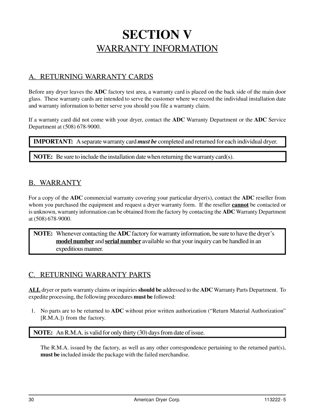 American Dryer Corp AD-24 Phase 7 Warranty Information, Returning Warranty Cards, Returning Warranty Parts 