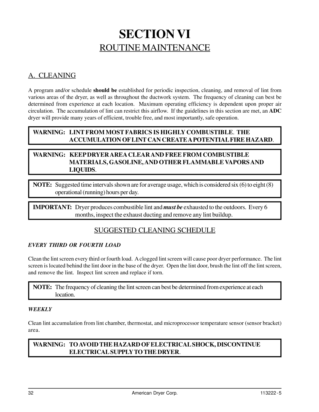 American Dryer Corp AD-24 Phase 7 installation manual Routine Maintenance, Suggested Cleaning Schedule 