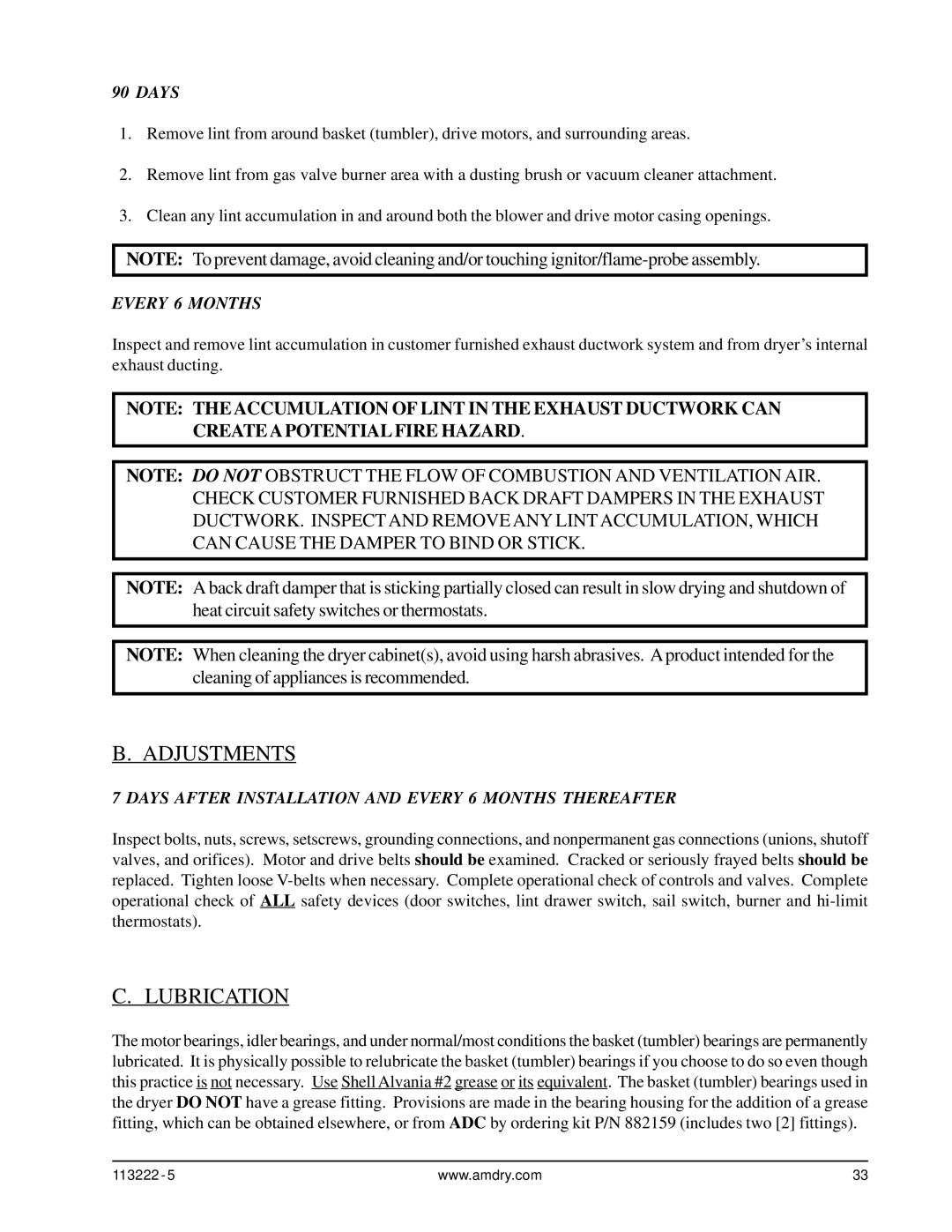 American Dryer Corp AD-24 Phase 7 installation manual Adjustments, Lubrication 