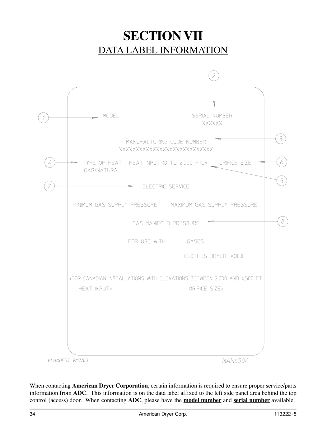 American Dryer Corp AD-24 Phase 7 installation manual Data Label Information 