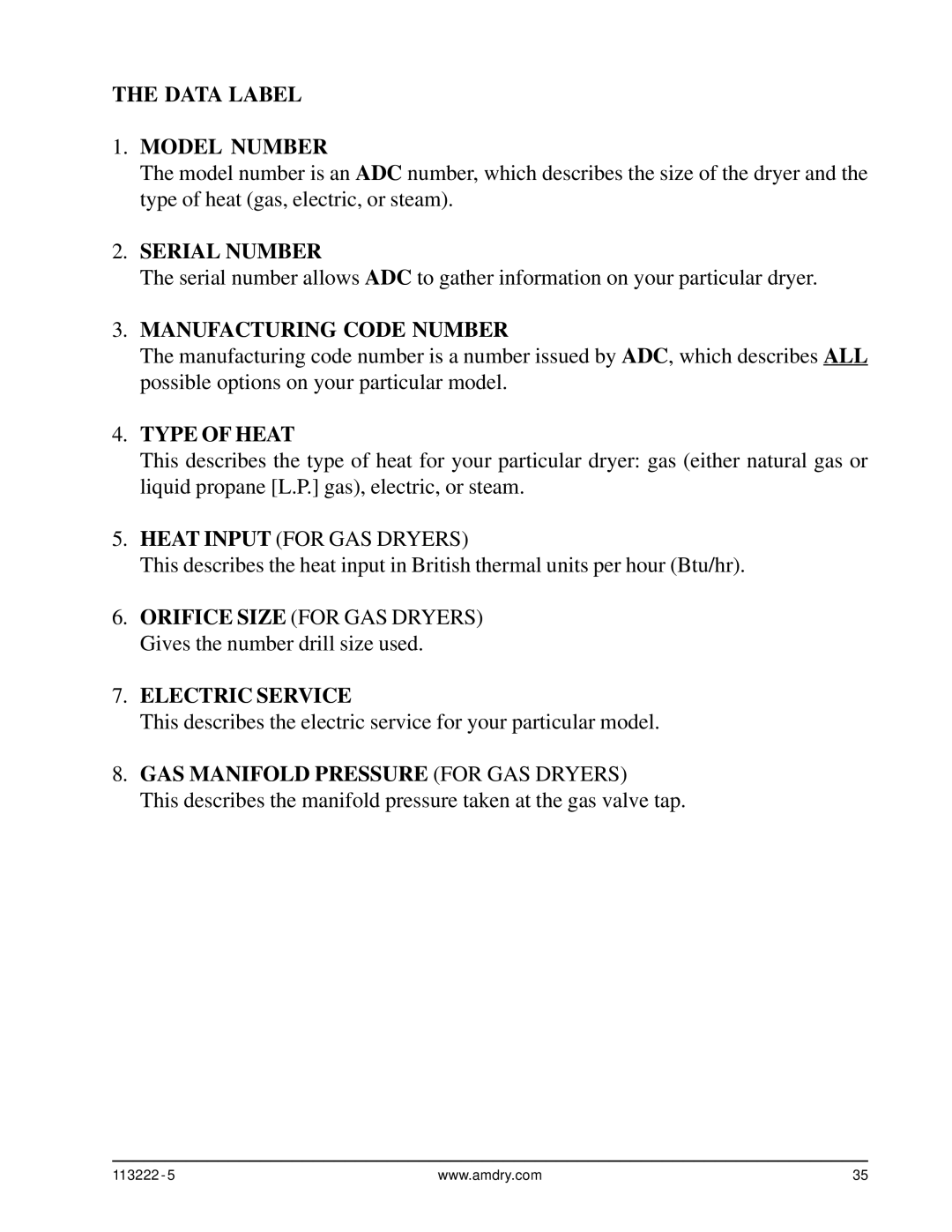 American Dryer Corp AD-24 Phase 7 installation manual Data Label Model Number, Heat Input for GAS Dryers 