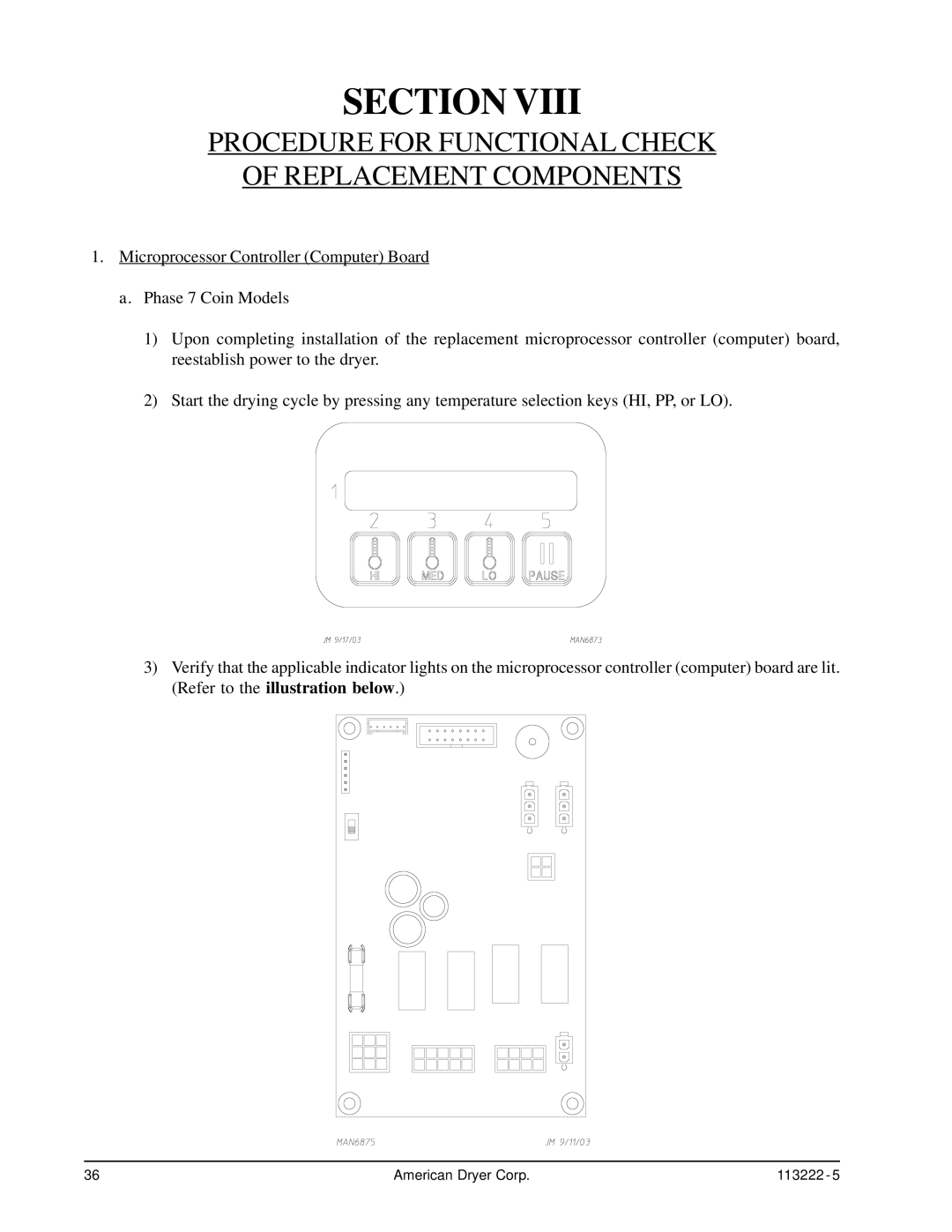 American Dryer Corp AD-24 Phase 7 installation manual Procedure for Functional Check Replacement Components 