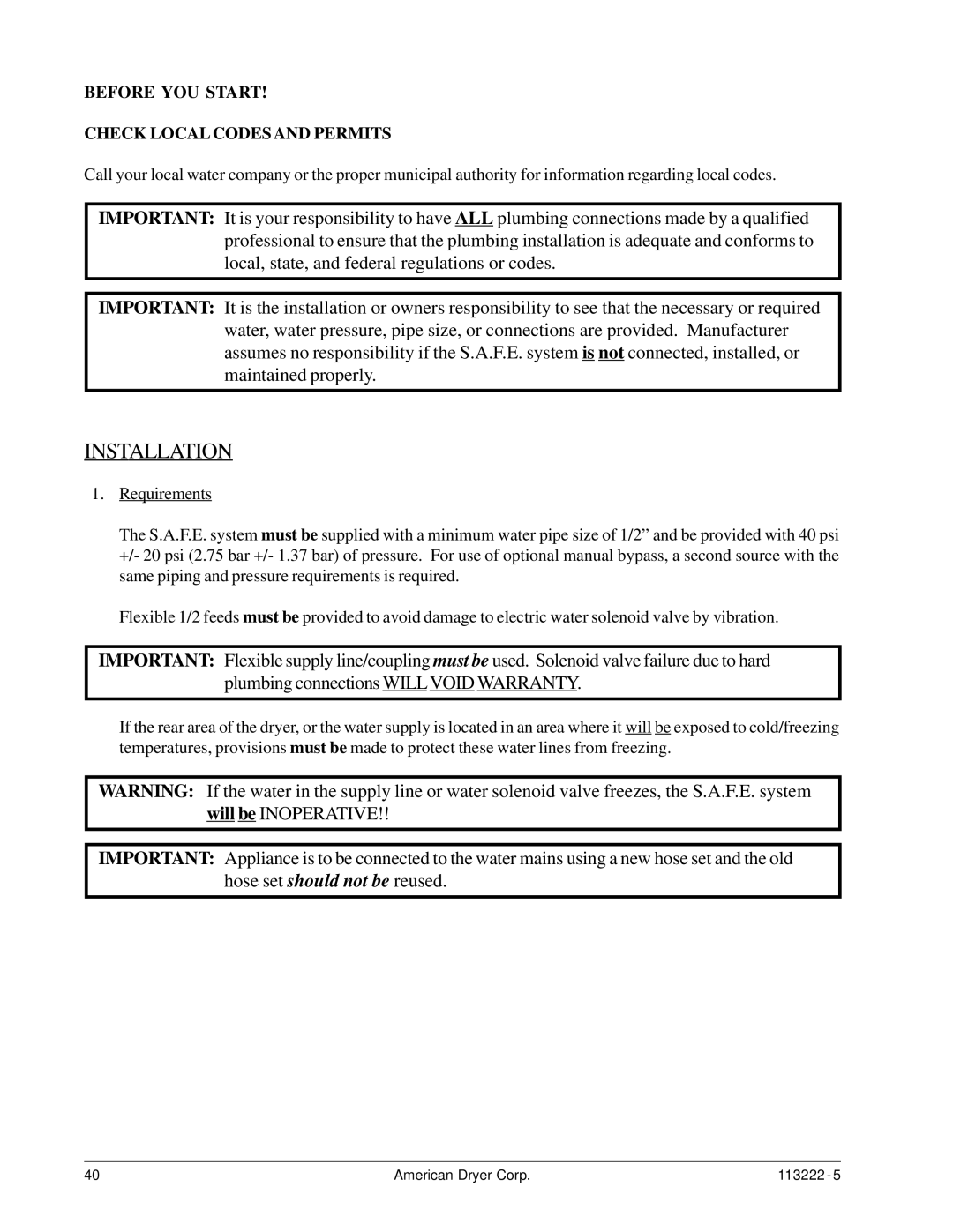 American Dryer Corp AD-24 Phase 7 installation manual Installation, Before YOU Start Check Local Codes and Permits 