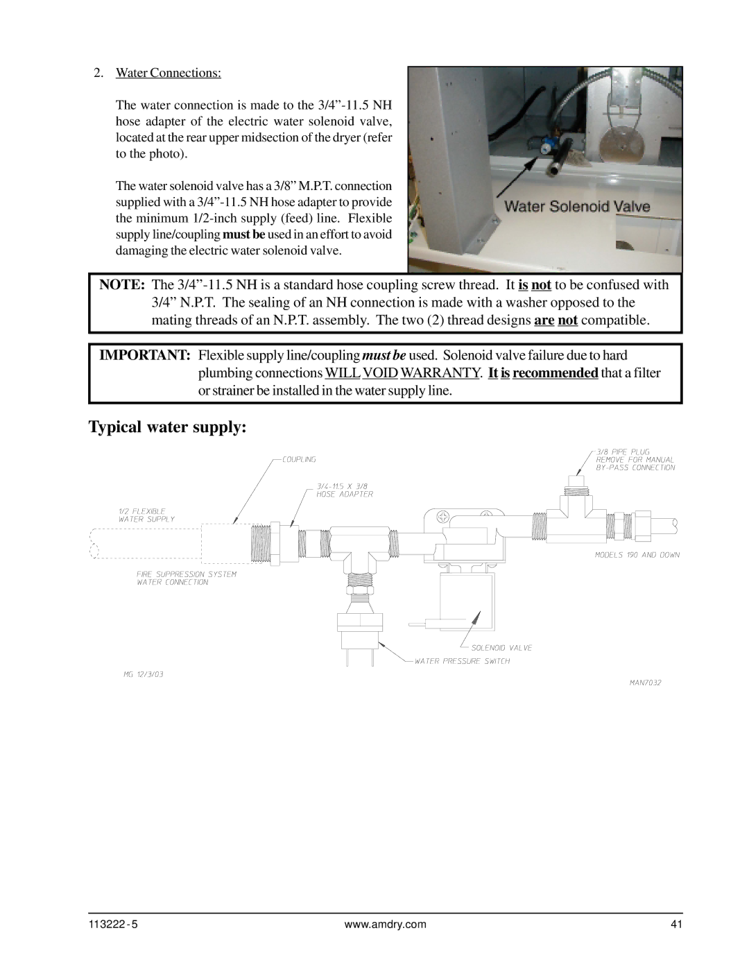 American Dryer Corp AD-24 Phase 7 installation manual Typical water supply 