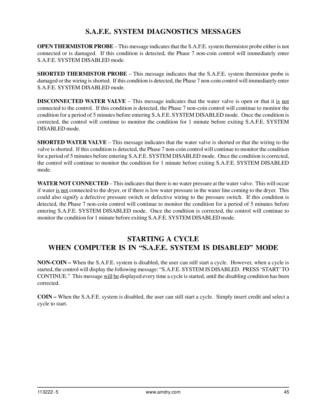 American Dryer Corp AD-24 Phase 7 installation manual F.E. System Diagnostics Messages 