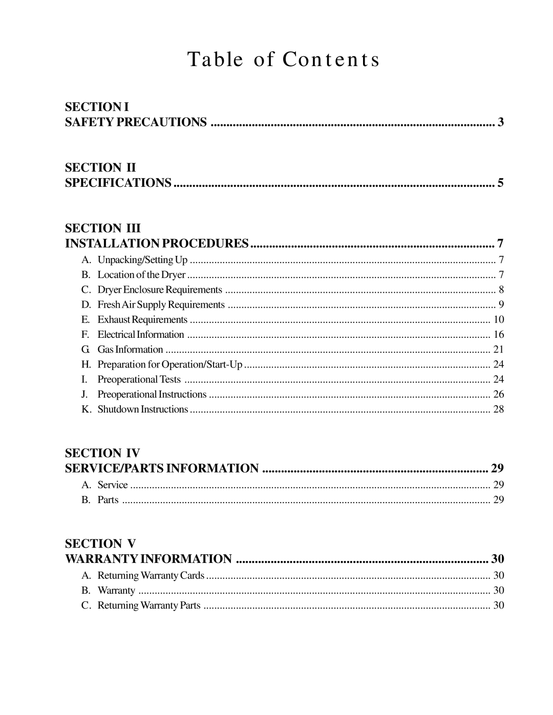 American Dryer Corp AD-24 Phase 7 installation manual Table of Contents 