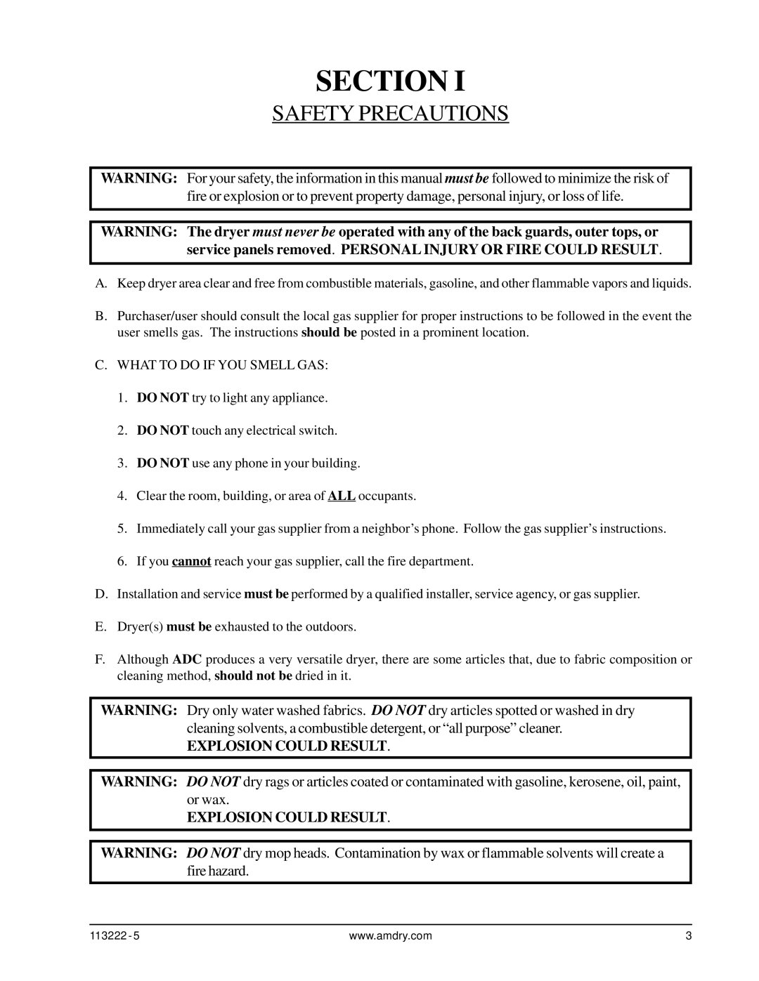 American Dryer Corp AD-24 Phase 7 installation manual Section, Safety Precautions 