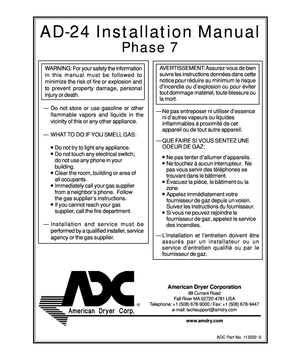 American Dryer Corp AD-24 Phase 7 installation manual AD-24 Installation Manual, American Dryer Corporation 