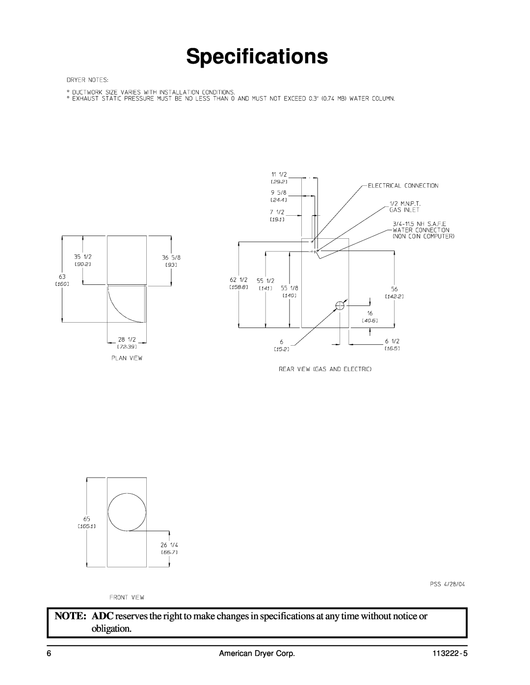 American Dryer Corp AD-24 Phase 7 installation manual Specifications, American Dryer Corp, 113222 
