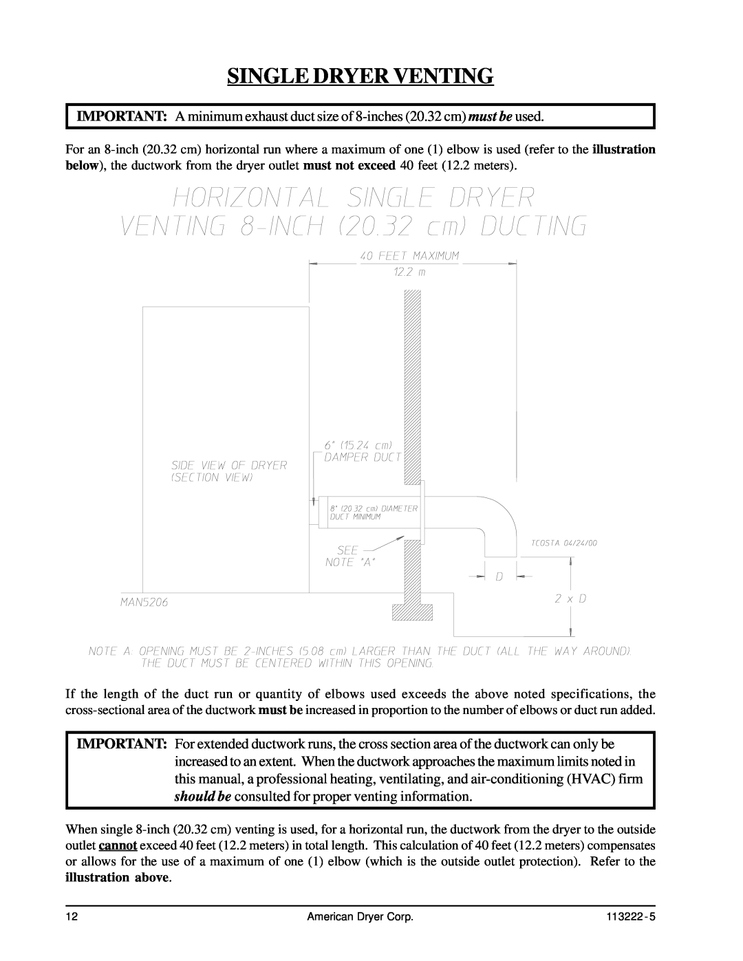 American Dryer Corp AD-24 Phase 7 installation manual Single Dryer Venting 