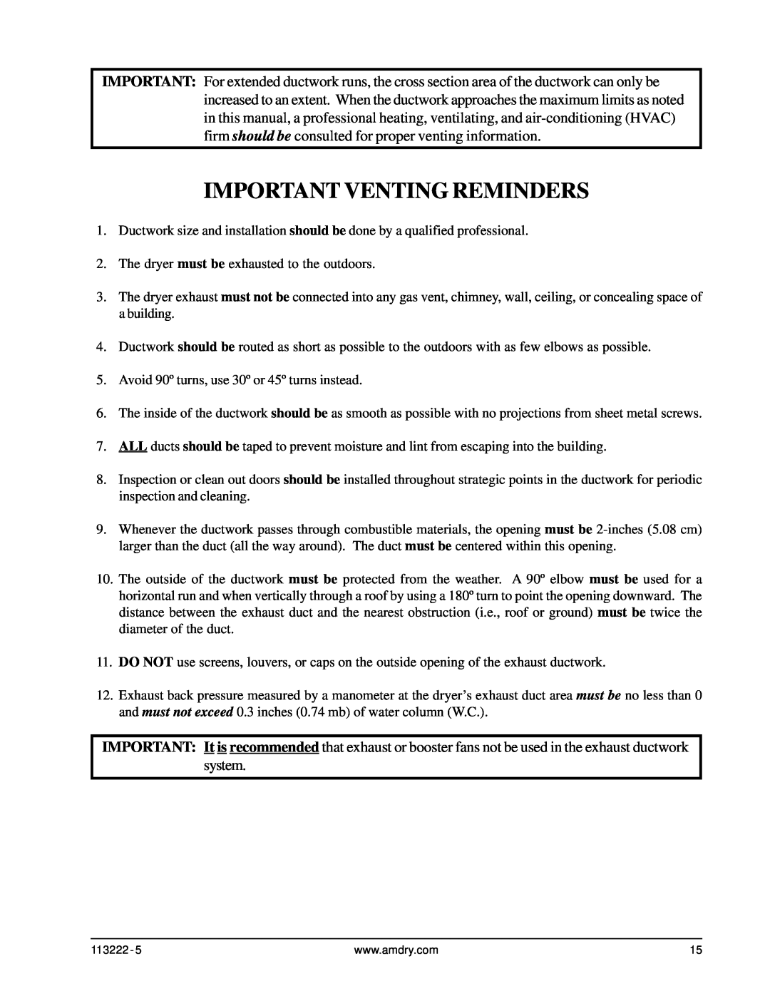 American Dryer Corp AD-24 Phase 7 installation manual Important Venting Reminders 