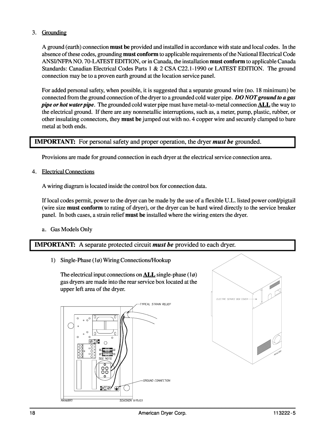 American Dryer Corp AD-24 Phase 7 installation manual IMPORTANT A separate protected circuit must be provided to each dryer 