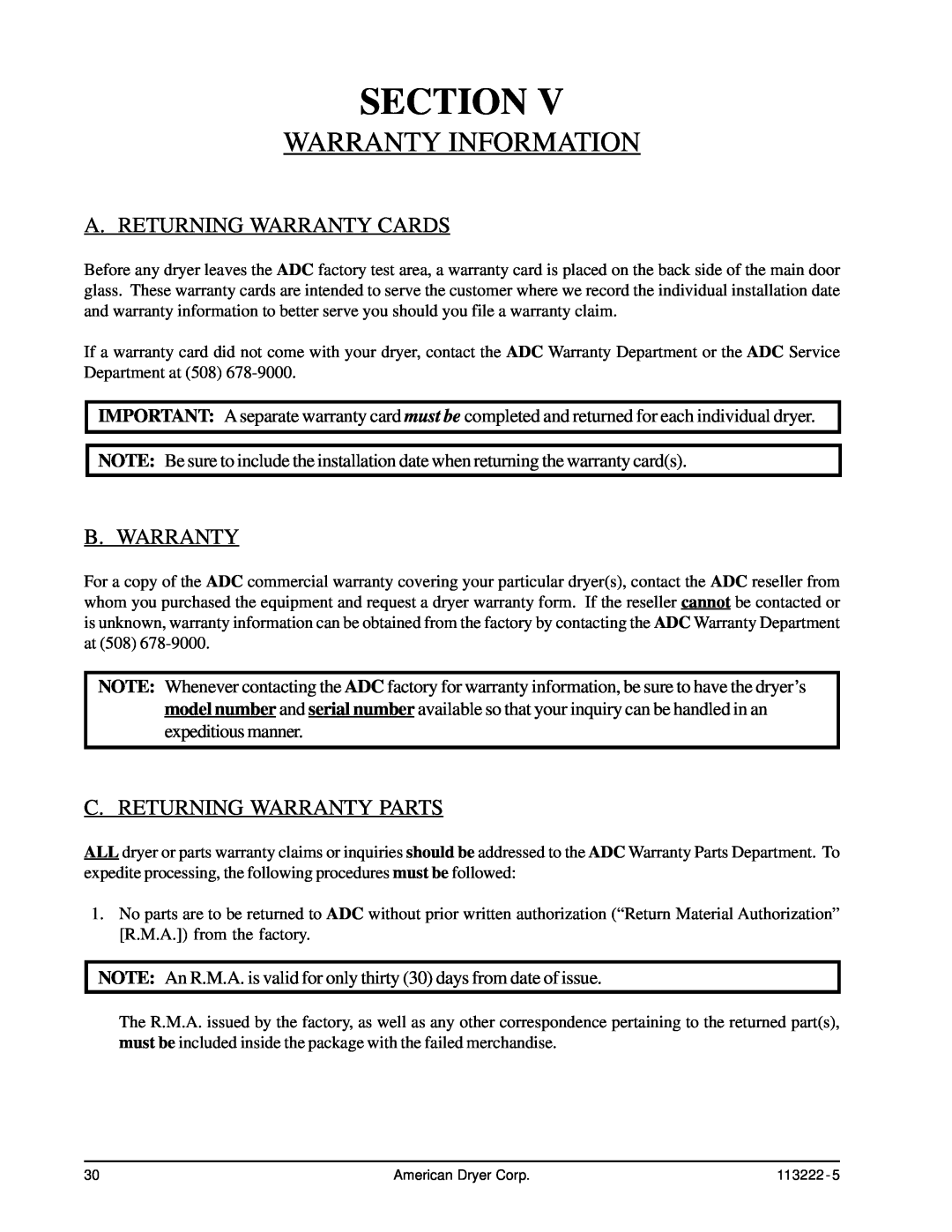American Dryer Corp AD-24 Phase 7 Warranty Information, Section, A. Returning Warranty Cards, B. Warranty 