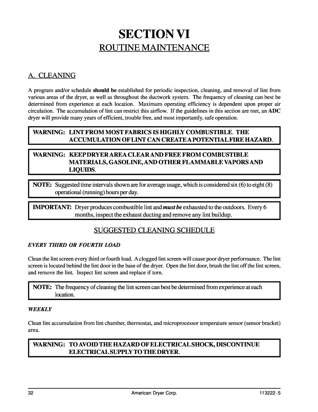American Dryer Corp AD-24 Phase 7 Routine Maintenance, Section, A. Cleaning, Suggested Cleaning Schedule 