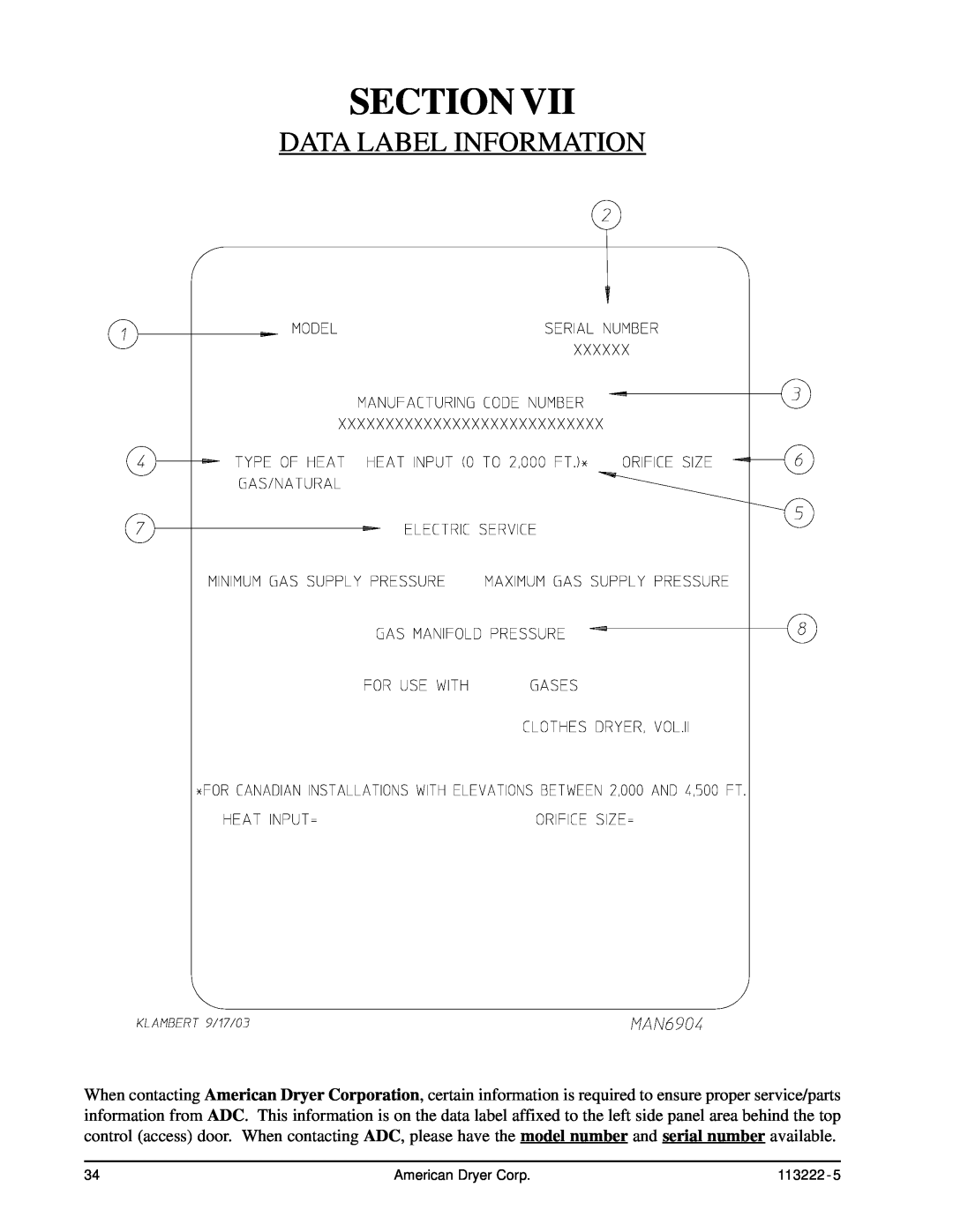 American Dryer Corp AD-24 Phase 7 installation manual Data Label Information, Section, American Dryer Corp, 113222 