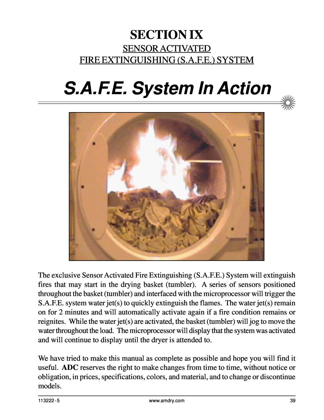 American Dryer Corp AD-24 Phase 7 Sensor Activated Fire Extinguishing S.A.F.E. System, S.A.F.E. System In Action, Section 