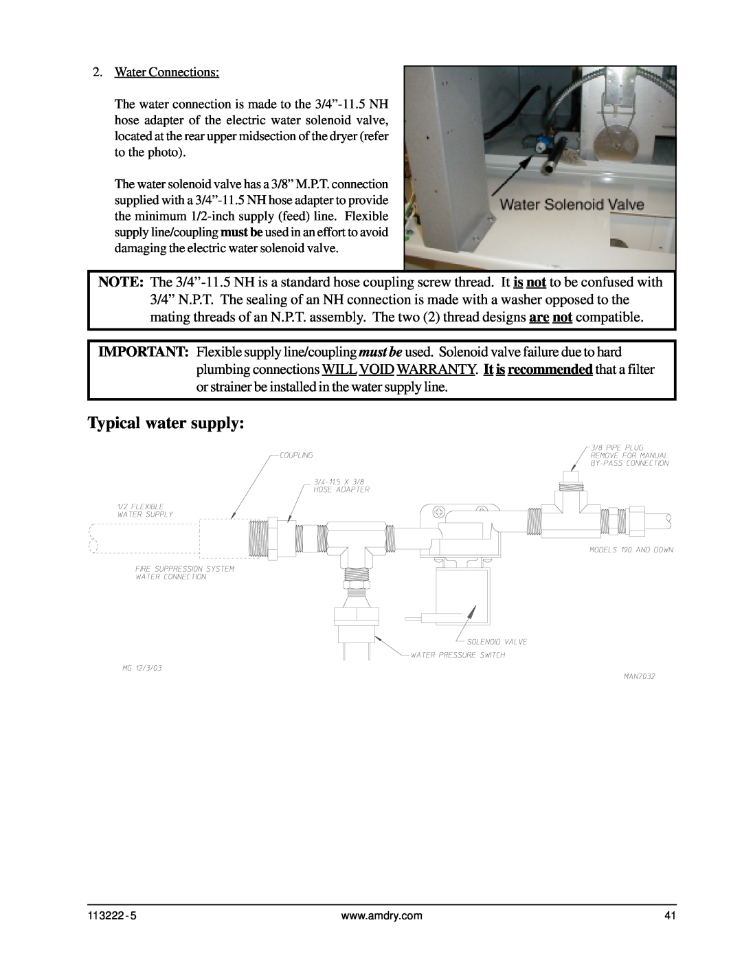 American Dryer Corp AD-24 Phase 7 installation manual Typical water supply, Water Connections 